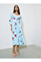 Blue Floral Print Lace Details A-Line Midi Dress - 3