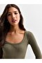 Women'S, Khaki Color, Long Sleeve, Deep Pool Neck Blouse, Ribbed Camisole Fabric - 3