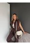 Women's Brown Poplin Detailed Double Suit with Zipper Zero Sleeve Vest Cotton Modal Wide Leg Pants