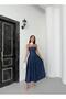 Women's Navy Blue Denim Thin Strap Square Neck Zipper Flared Midi Dress - 4