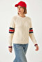 Women's V-Neck Patterned Knitwear Ecru Sweater - 3