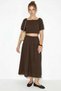 Women's Balloon Sleeve Crop Blouse with Tie Detail Cotton Muslin Skirt Set Yc Bitter Brown - 4