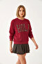 Women's Leopard Embroidered Three-Thread Embroidered Sweatshirt Claret Red - 3