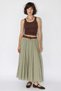 Women's Pleated Lined Belt Detailed Maxi Cotton Green Skirt