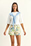 Women's Oversize Basic White Baby Blue T-Shirt with Shawl Detail - 6