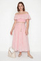Women's Scallop Embroidered Gipeli Off-Shoulder Blouse Belt Detailed Pink Skirt Set - 4