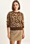 Women's Leopard Patterned Crew Neck Basic Knitwear Brown Camel Sweater