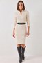 Women's Long Knitwear Dress with Zipper Collar and Belt in Beige - 7