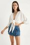 Women's Wide Sleeve V-Neck Muslin Ecru Blouse with Tie Detail - 4