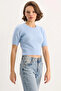 Women's Crew Neck Short Sleeve Basic Knitwear Baby Blue Sweater - 3