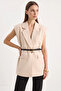Women's Pocket Detailed Belted Padded Oversize Lined Beige Vest - 2