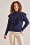Women's Braided Openwork Knitwear Navy Blue Sweater - 5