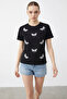 Women's Bead Stone Embroidered Dragonfly Patterned Comfortable Fit t Shirt Black - 3