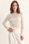 Women's Openwork Crew Neck Flounce Sleeves Lightweight Flowy Knitwear Ecru Sweater - 2