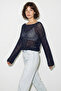 Women's Boat Neck Sequined Mesh Textured Bat Sleeve Crop Navy Blue Blouse - 3