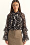Women's Tie-Neck Patterned Chiffon Flounce Sleeve Black Blouse