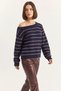 Women's Bardot Collar Striped Knitwear Navy Blue Burgundy Sweater - 3