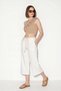 Women's Lined Linen Pocket Belt Detailed Wide Leg Culotte White Trousers - 6