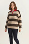 Women's Oversize Striped Polo Collar Heart Pattern Embroidered Knitwear Cream Brown Sweater - 3