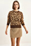 Women's Leopard Patterned Crew Neck Basic Knitwear Brown Camel Sweater - 3