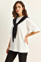 Women's Oversize Basic White Black T-Shirt with Shawl Detail - 2