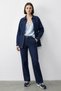 Women's Zippered Waist-Tie Denim Navy Blue Top and Bottom Set with Pocket Detail