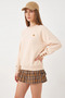 Women's Crew Neck Heart Embroidered Three-Thread Raised Beige Sweatshirt - 8