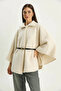 Women's Single Button Belted Waistband Bearded Soft Poncho Ecru - 2