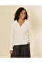 Women White V-Neck Polo Knit Pullover