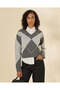 Women Grey Argyle V Neck Pullover