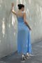 Women's Summer Blue Chest Gathered Front Slit Strappy Long Dress 50322 - 6