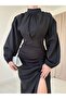 Black Gathered Front Skirt Slit Dress - 3