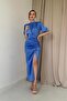 Blue Gathered Satin Dress