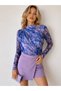 Women's Lilac Colorful Patterned Long Sleeve Gathered Detailed Lined Tulle Blouse