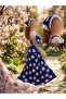 Navy Blue Coffee Cup Patterned Long Dress with Straps + Lace Bandana Set - Summer Home Wear