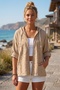 Beige Hooded Raglan Sleeve Zippered Pocketed Belted Embroidered Casual Cotton Woven Jacket 66 60 - 4