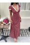 Women's Short Sleeve Deep V Neck Lace Detailed Floral Patterned Long Single Jersey Dress - 2