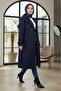 Women's Hijab Below Knee Lined Degaje Collar Linen Fabric Slit Trench Coat Navy Blue - 4