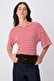 Red Striped Fitted Crew Neck Three Quarter Sleeve Soft Knitted T-Shirt Twoss26Ts00060 - 2
