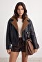 Siyah Oversize Kalıp Kürk Detaylı Biker Mont TWOAW27MO00059 - 3