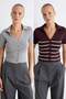 بلوزة أساسية مخططة باللون الرمادي*001-Grey Double Pack Striped Basic Blouse TWOSS26BZ00284