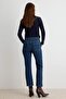 Koyu Mavi Orta Esnek Yüksek Bel Crop Flare İspanyol Paça Jeans TWOAW27JE00181 - 4