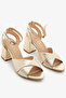 Gold Genuine Leather Cross Strap Thick Heeled Women's Sandals