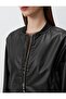 Black Long Sleeve Leather Bomber Jacket - 5
