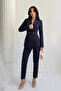 Women's Suit Blazer Jacket Pants Set Pleated Detail Flared Leg Bottom Top Set - 3