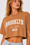 Crop T-Shirt Brooklyn Printed Relaxed Fit Raw Cut Short Tshirt – Camel - 2