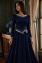 Pearl Decorated Crepe Hijab Evening Dress Dark Blue 1691 - 2