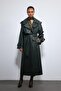 Khaki Textured Faux Leather Trench Coat - 3