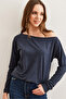 Women's Navy Blue Boat Neck Wool Viscose Flowy Blouseblz- 19002738 - 3