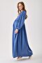 Maternity Blue Linen Dress with Lace Detail on the Sides and Front Opening Button (Nursing)